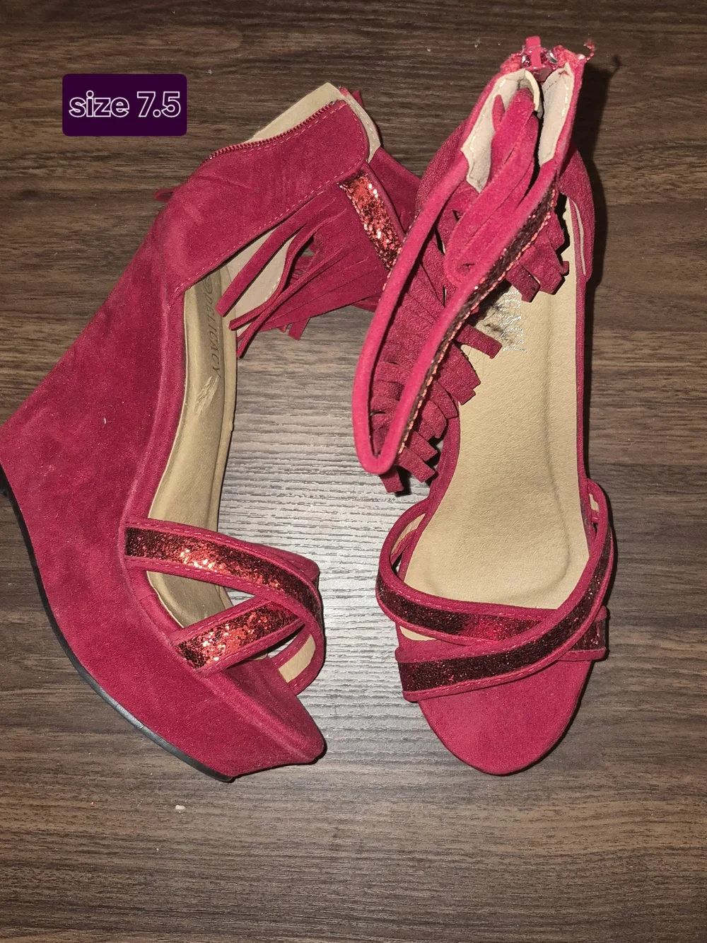 Women's Red Suede Fringe Wedge Sandals - Size 7.5